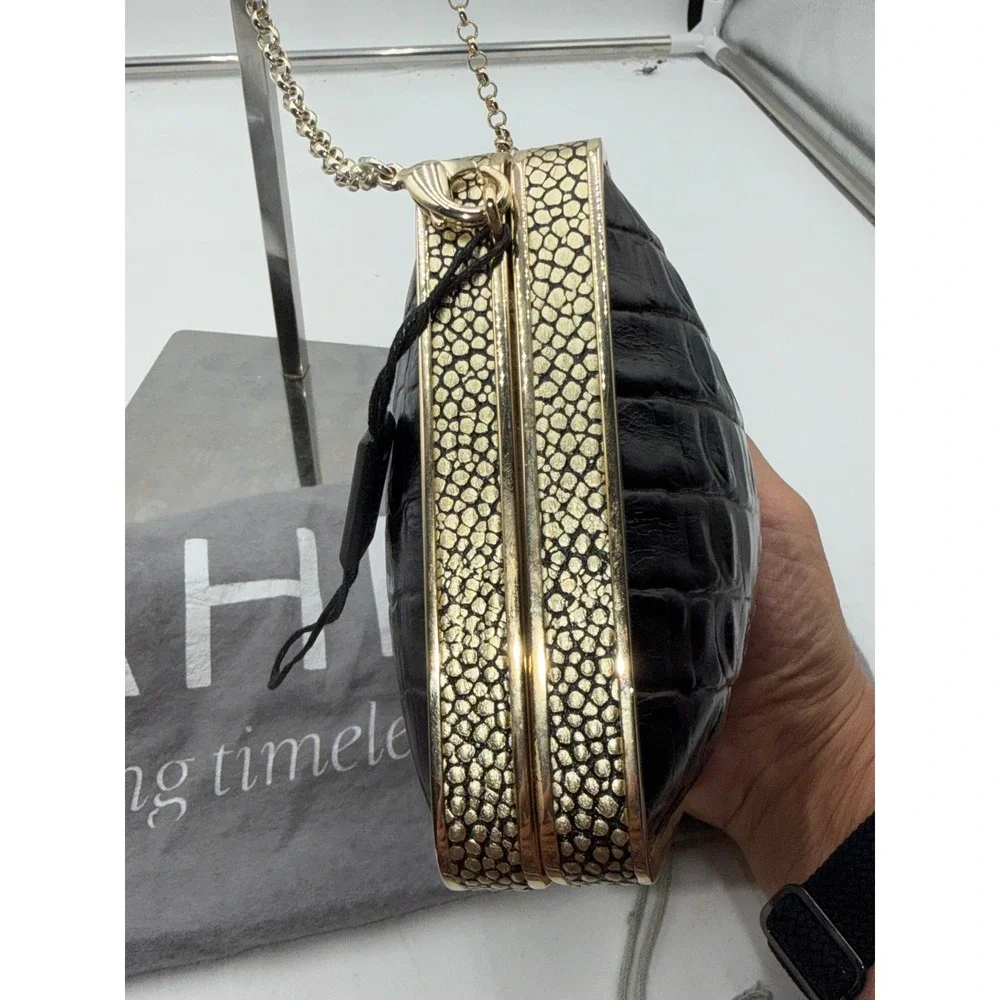 Brahmin Espresso Brown Croc Embossed Leather Kiss Lock Clutch Crossbody Bag